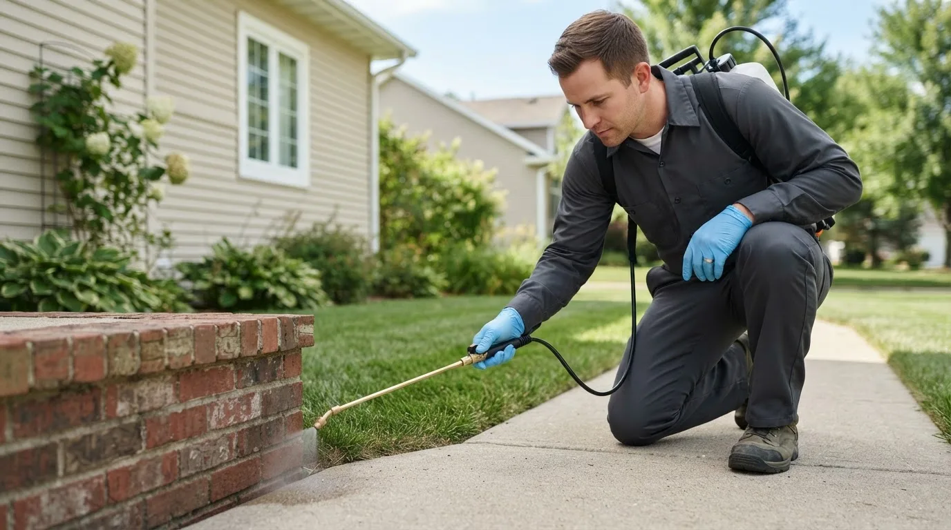 Pest control technician treating a home near Corydon, KY